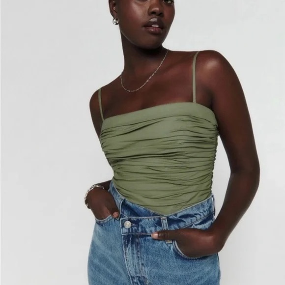 Reformation Orion Ruched Olive Green Ruched Top Sz 0 NWT - Picture 1 of 6